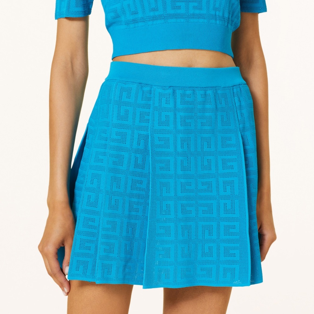 Givenchy 4G Pointelle Knit Pleated Mini Skirt in Turqoise